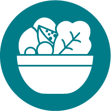 Illustration of a white bowl with white fruits and vegetables on a teal circular background. Links to the Food Safety section.