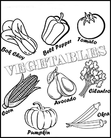 A drawing of bok choy, a tomato, a bell pepper, corn, avocado, cilantro, okra and a pumpkin