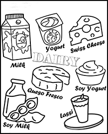 A drawing of milk, yogurt, cheese, and soy milk 