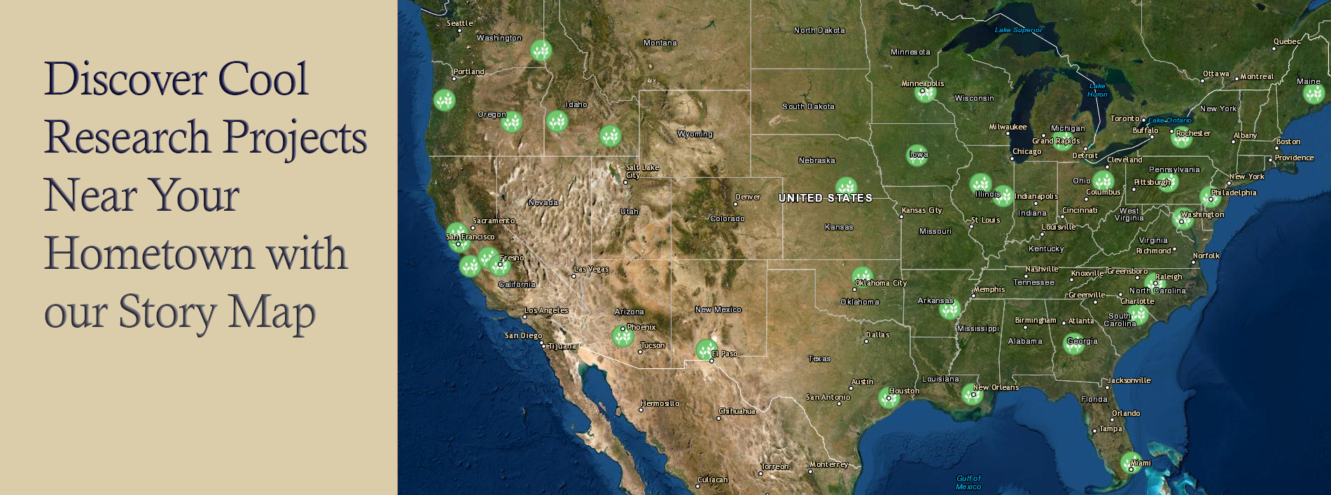 Map of the United States with green dots indicating an ARS research location. The image links to a  ArcGIS map with information about ARS research locations.