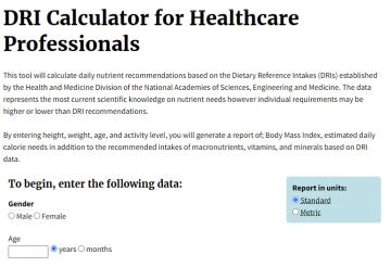 A screenshot of the DRI calculator for healthcare professionals 