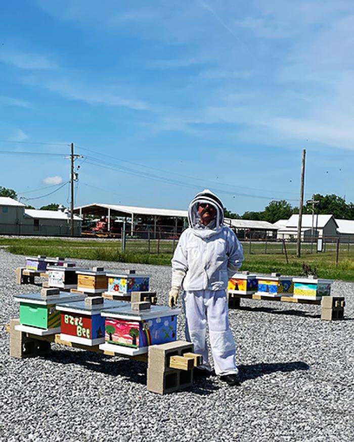Research chemist Weiqiang Zhang wearing a full bee suit stands next to three of the hives.