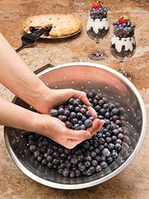 D2201 2 Two hands holding blueberries over a stainless stain bowl filled with blueberries. Two blueberry parfaits and blueberry pie are in the background.