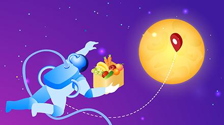 FoodDelivery Cartoon illustration of an astronaut in space suit carrying box of food.