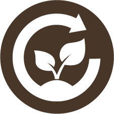 Illustration of two white leaves surrounded by a white semi-circular arrow a brown background. Links to the Sustainability section. 