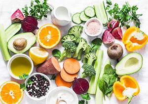 Foods containing vitamins A, B, C, E, K - broccoli, sweet potatoes, orange, avocado, lemon, parsley, celery,  spinach, peppers, olive oil, dairy, beets, cucumber, beans. 