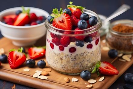 a jar of overnight oats with fresh strawberries and blueberries on top