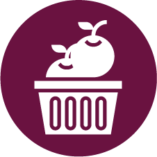 Illustration of a white basket with two white apples on a maroon circular background. Links to the Organics section. 