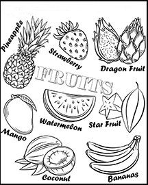 Drawing of a pineapple, strawberry, dragon fruit, watermelon, star fruit, mango, coconut, and banana 