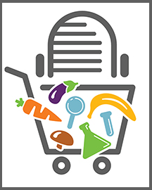 Illustration of a shopping cart containing fruits, vegetables and a microphone