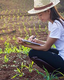 Girl in a sunhat, white t-shirt and dark pants squatting in a field of sprouting plants while taking notes. Image links to a page with information on joining ARS. 