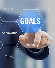 A finger pointing to the word "Goals" with the words "Specific", "Achievable," "Results" and "Timely" surrounding "Goals"
