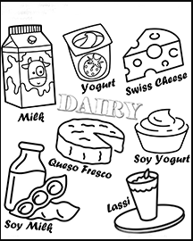 A drawing of milk, yogurt, cheese, and soy milk 