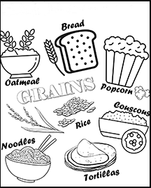 A line drawing of bread, noodles, rice, popcorn, couscous and oatmeal.