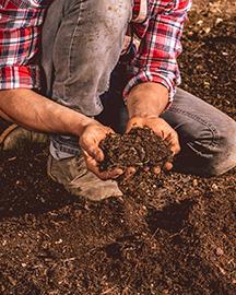 A person in a plaid shirt and jeans holding a handful of dirt 