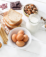 Foods often associated with food allergies including: eggs, dairy, nuts, strawberries and wheat.