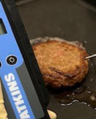 A thermometer checking the temperature of a plant burger