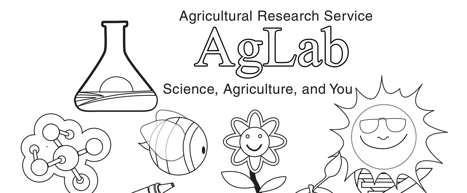 A line drawing of a sun, flower, bee and science beaker. 