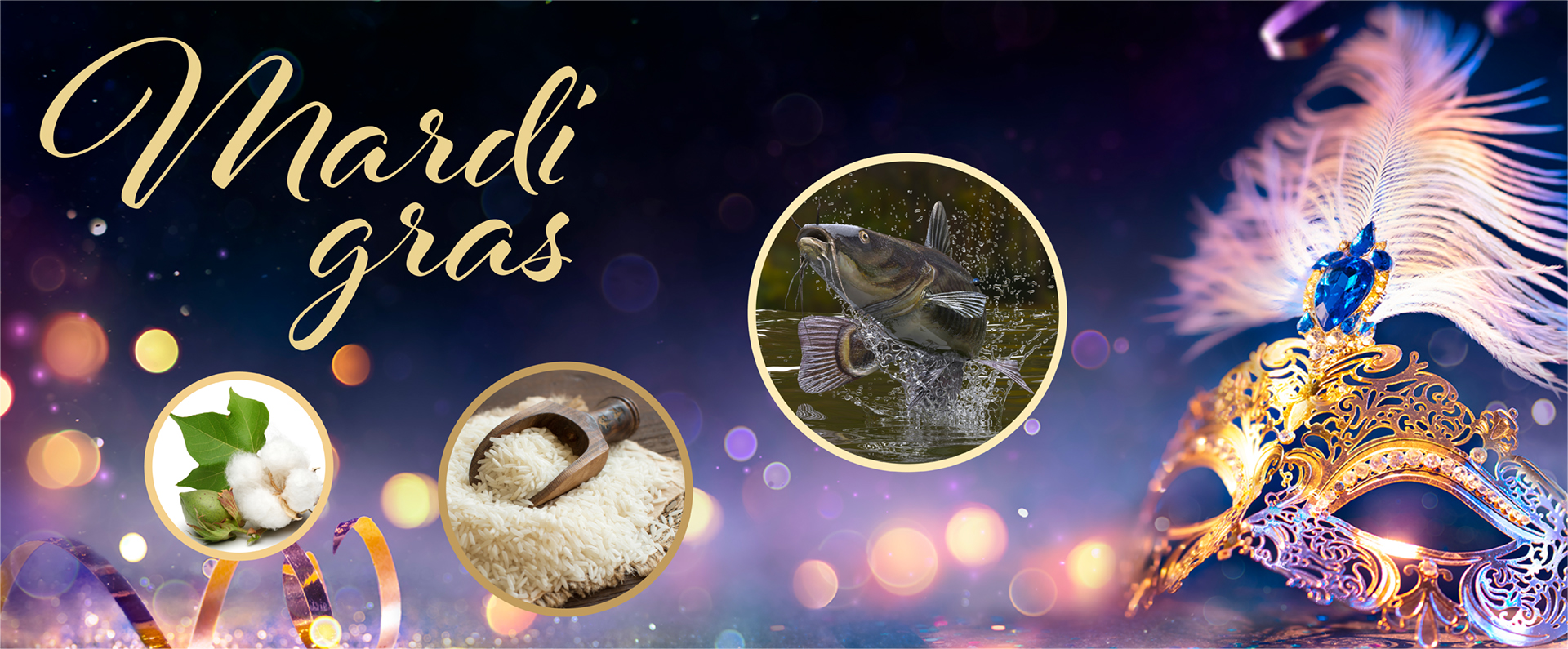 A Mardi Gras mask with inset photos of a catfish, rice and a cotton boll