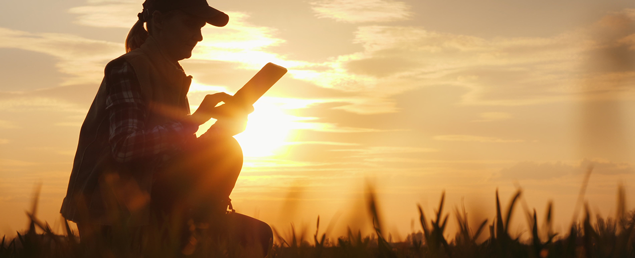 A female wearing a plaid shirt and baseball cap kneeling in a field at sunset while using an electronic pad 