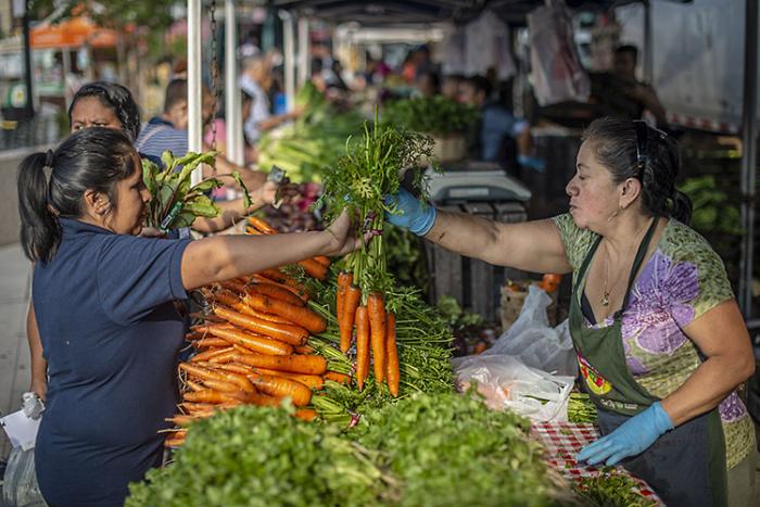 Woman buying carrots from female vendor at a Corona Farmers Market in New York