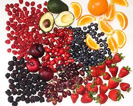 Fruits Black plums, blackberries, raspberries, strawberries, sweet cherries, avocado, navel orange, and red grapes.