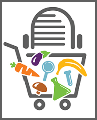 Illustration of a shopping cart containing fruits, vegetables and a microphone